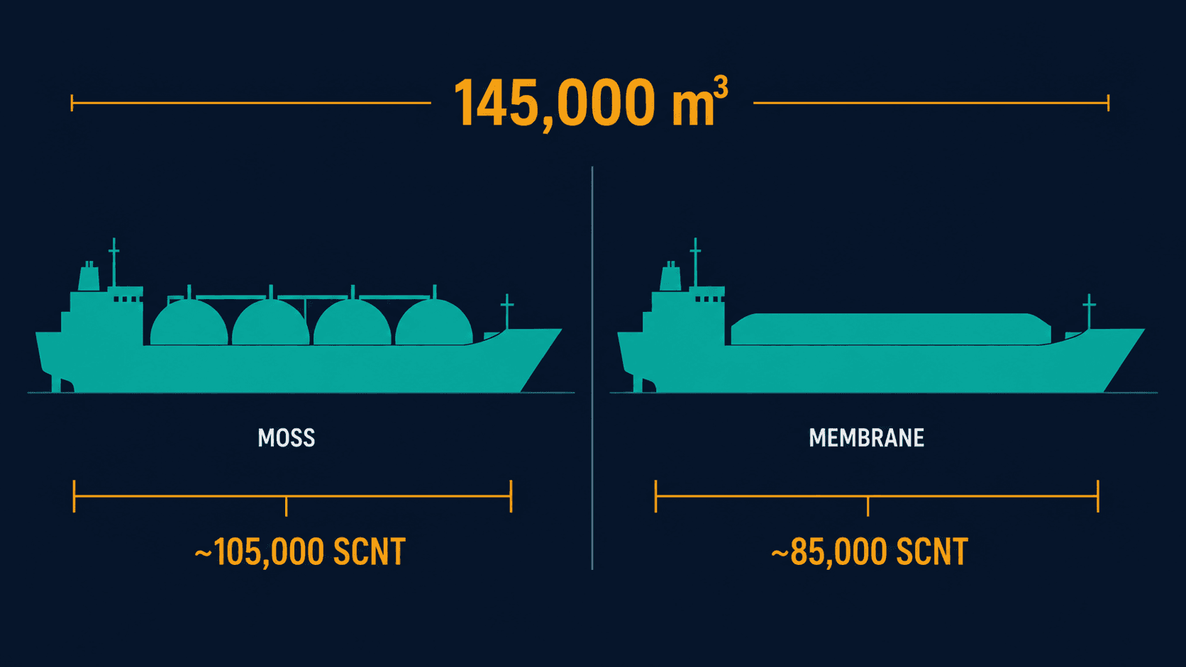 Moss and membrane LNG carriers of identical cargo capacity