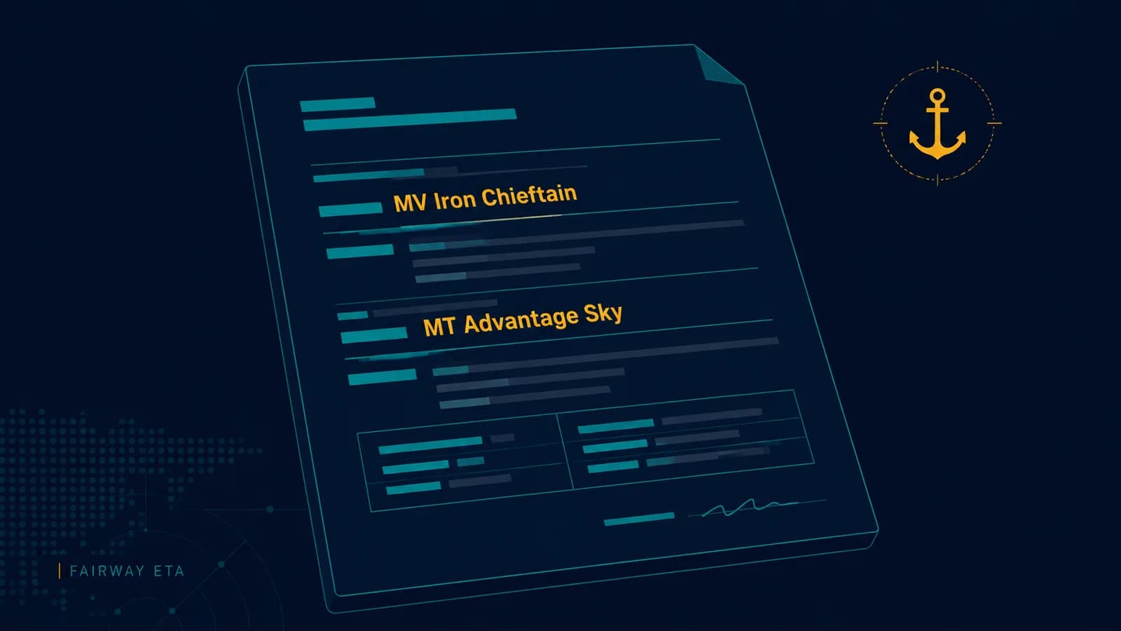 Fixture recap document with MV Iron Chieftain and MT Advantage Sky highlighted