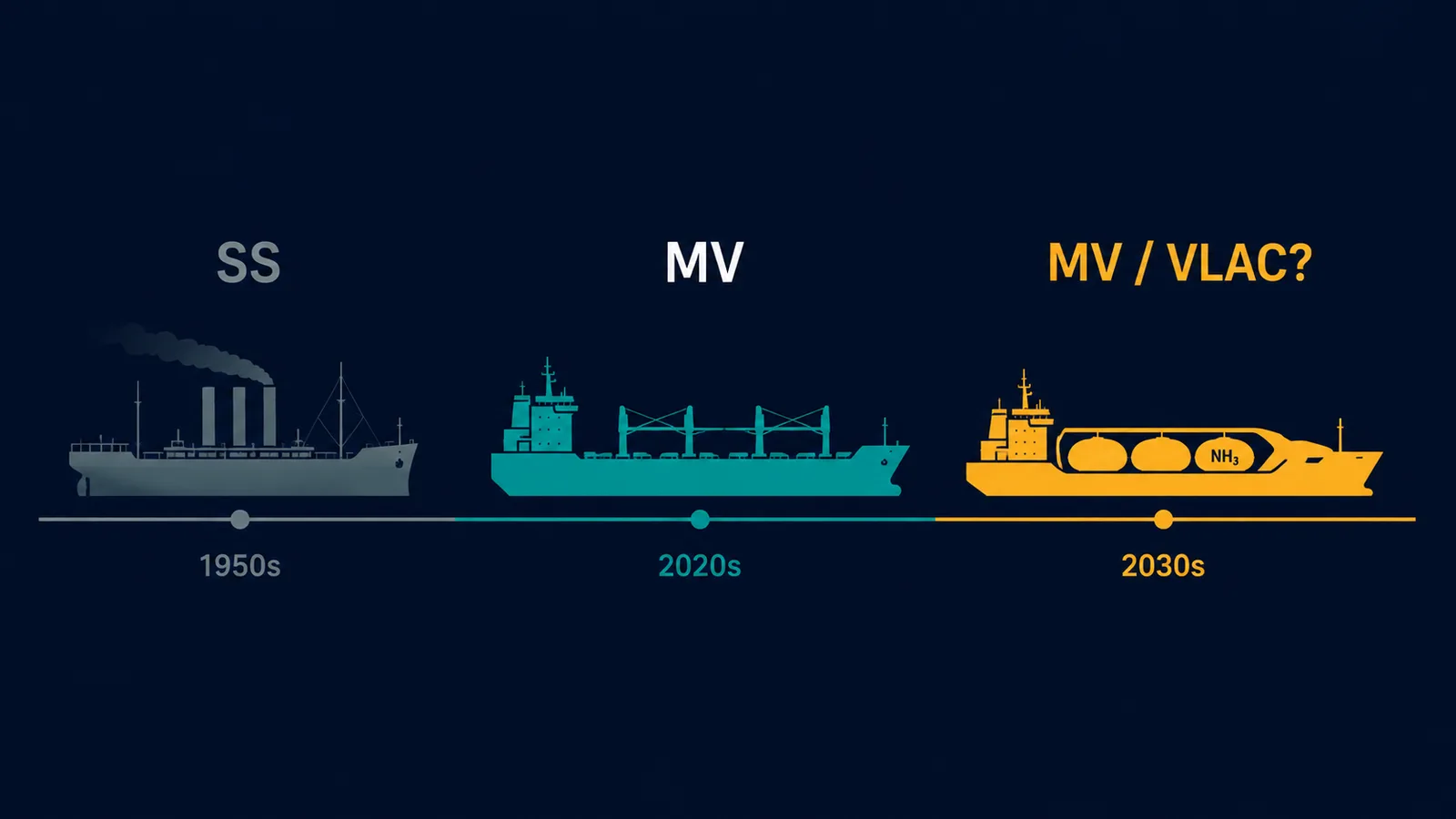 Timeline showing SS 1950s, MV 2020s, and MV or VLAC 2030s ship prefix evolution