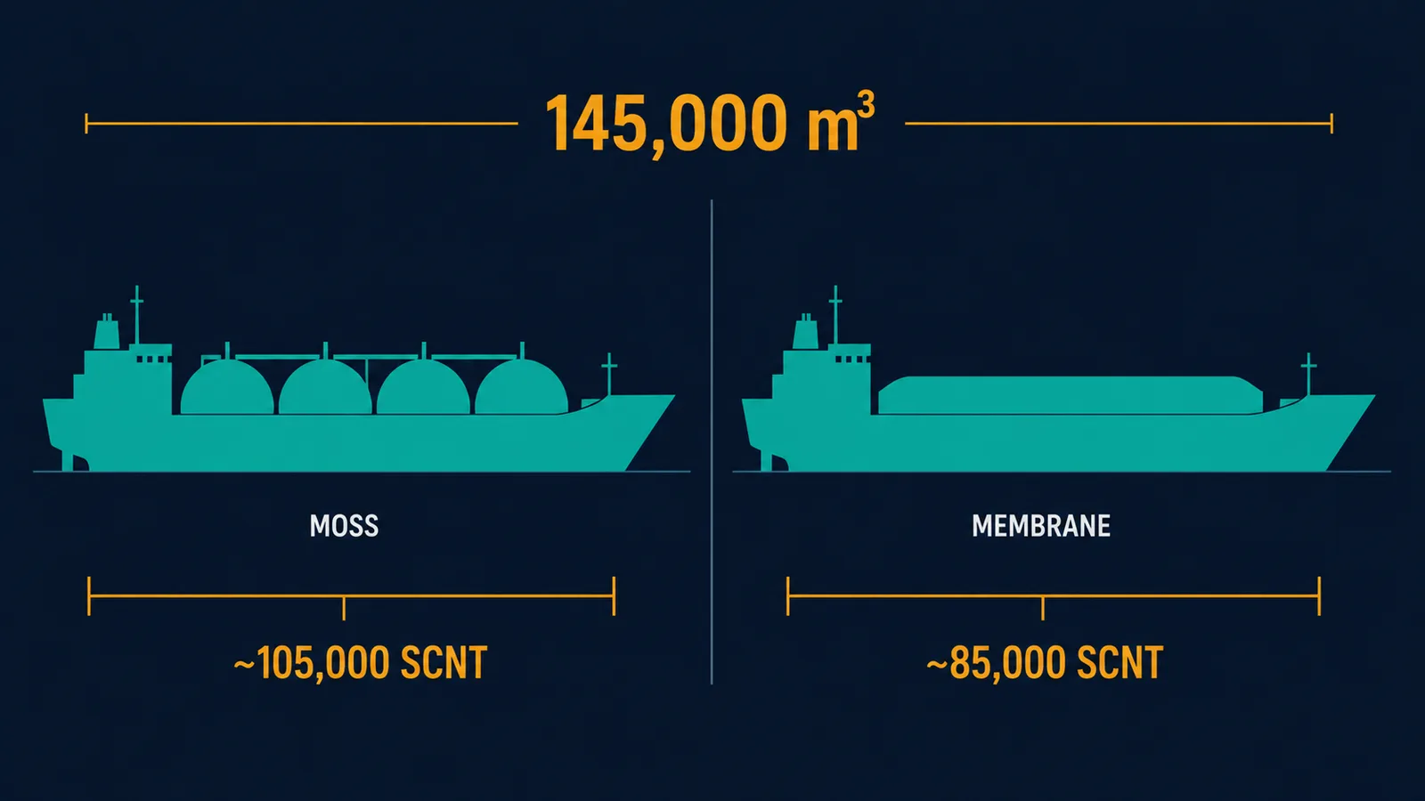 Moss and membrane LNG carriers of identical cargo capacity