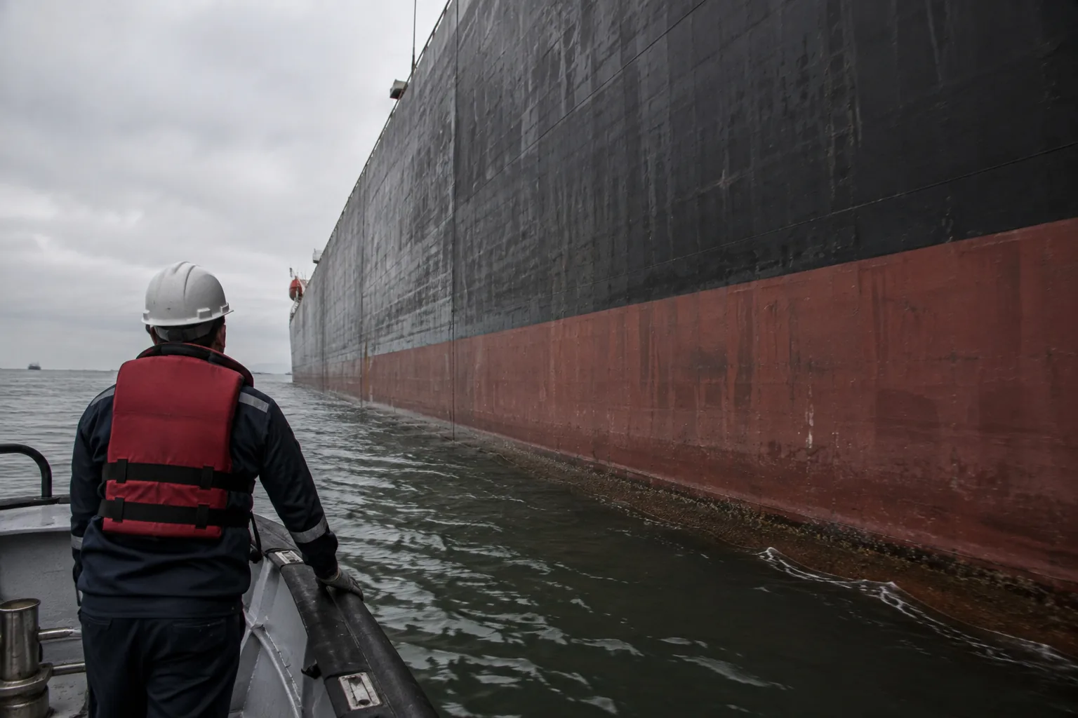 Surveyor in a workboat alongside a loaded bulk carrier