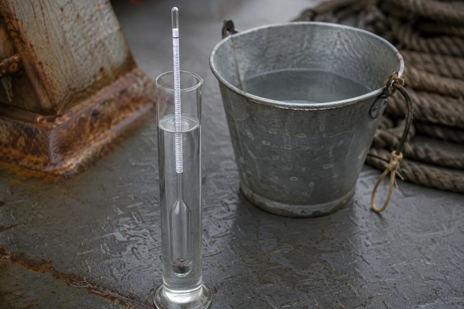 Hydrometer floating in a cylinder of dock water beside a sampling bucket on deck