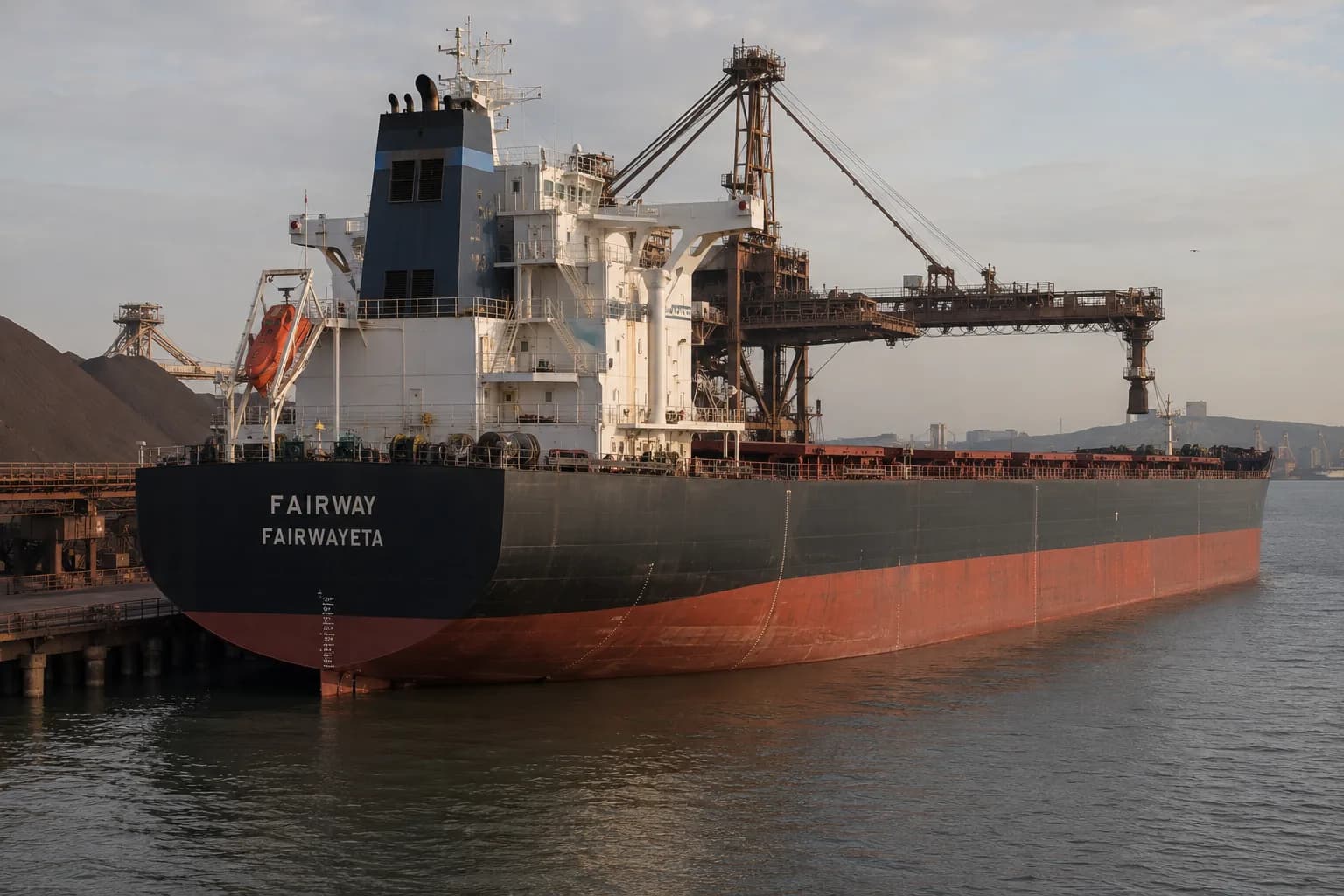 Loaded Capesize bulk carrier sitting low in the water at an ore berth