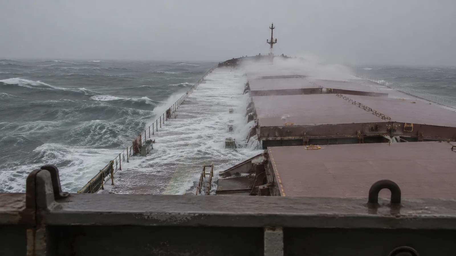 Water breaking across the forward deck of a bulk carrier in a heavy grey sea
