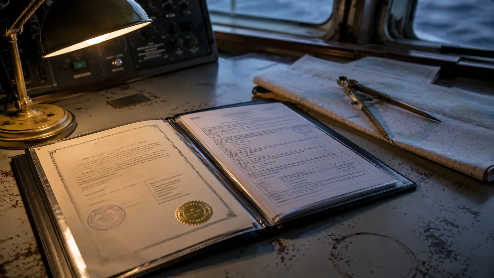 Ship's certificate folder open on a chart table beside dividers and a folded chart