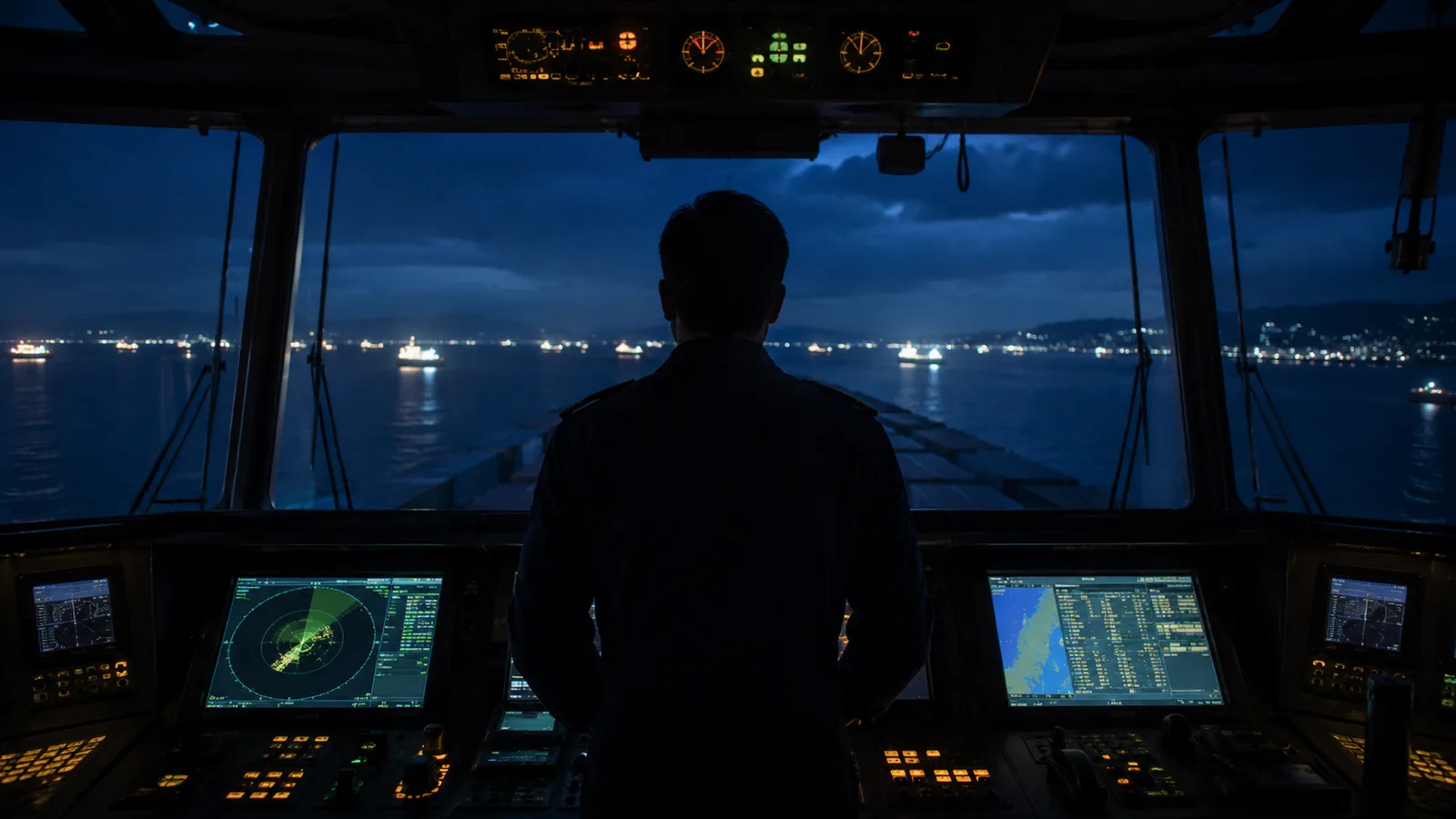 A ship's bridge at night - the captain weighs whether to enter a contested chokepoint