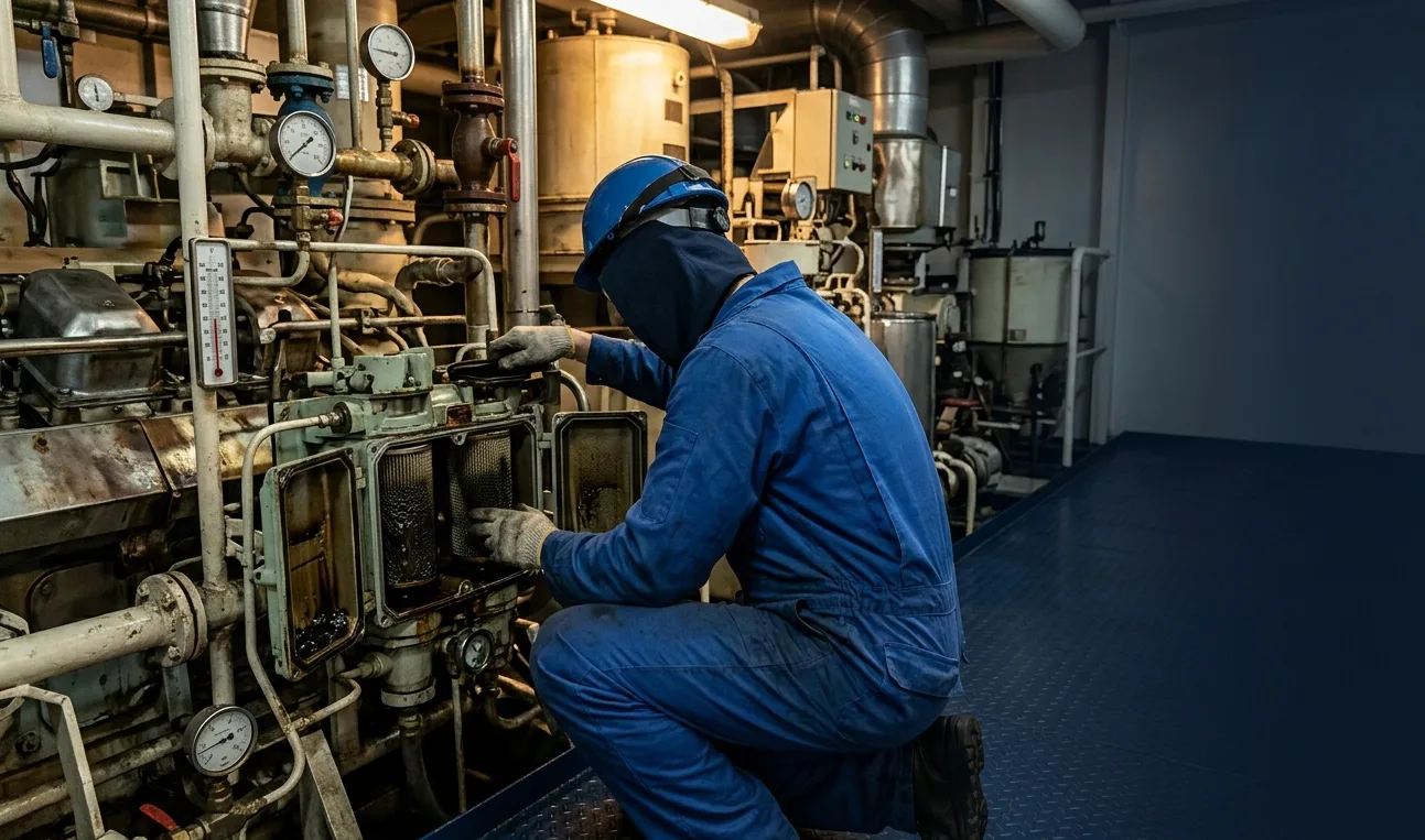 Engine room inspection - examining fuel filter and purifier components for sludge and contamination