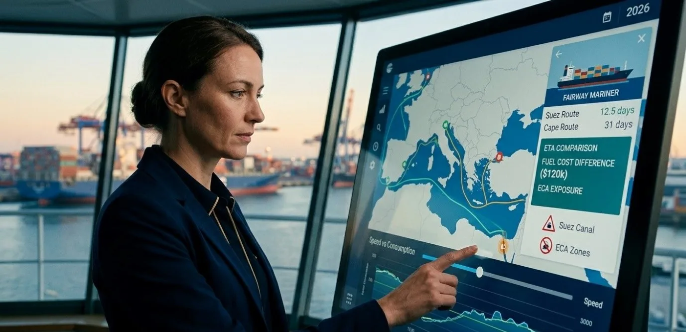Bridge officer reviewing live voyage ETA and P&L on a phone
