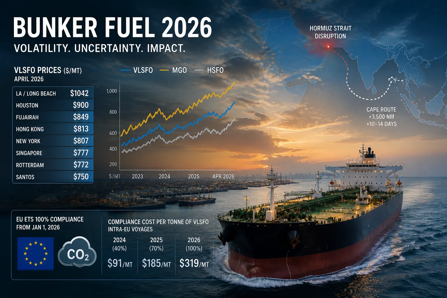 Bunker fuel price volatility in 2026 — global shipping fuel market under pressure from geopolitics and carbon regulation