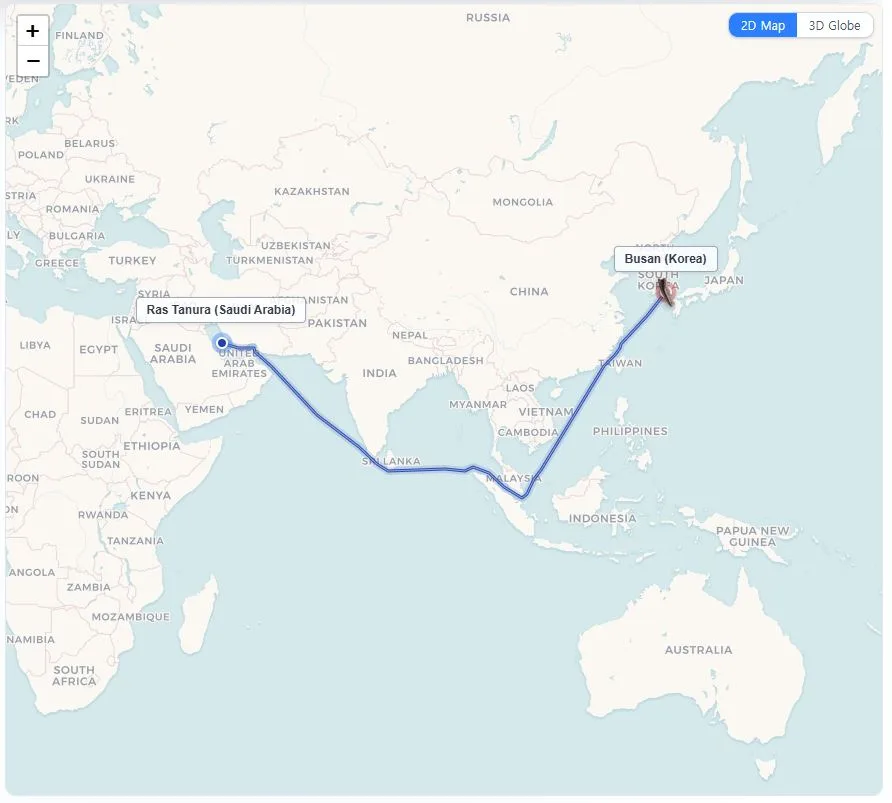 Fairway ETA Calculator showing the Ras Tanura to Busan route via Malacca Strait — the standard route through the world's busiest waterway