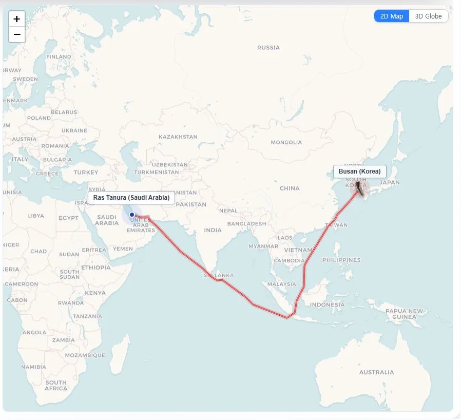 Fairway ETA Calculator showing the Ras Tanura to Busan route via Lombok Strait — the bypass route for fully laden VLCCs that can't clear Malacca's 25-metre depth