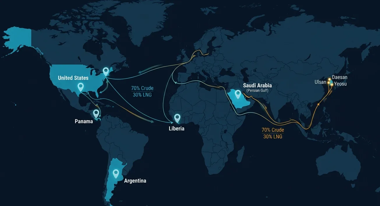 Diagram of crude oil and LNG flow from the Persian Gulf to South Korea