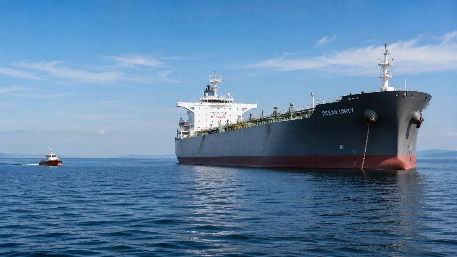 Tanker at anchor with an approaching tug — vessel ready and waiting before the inspector called