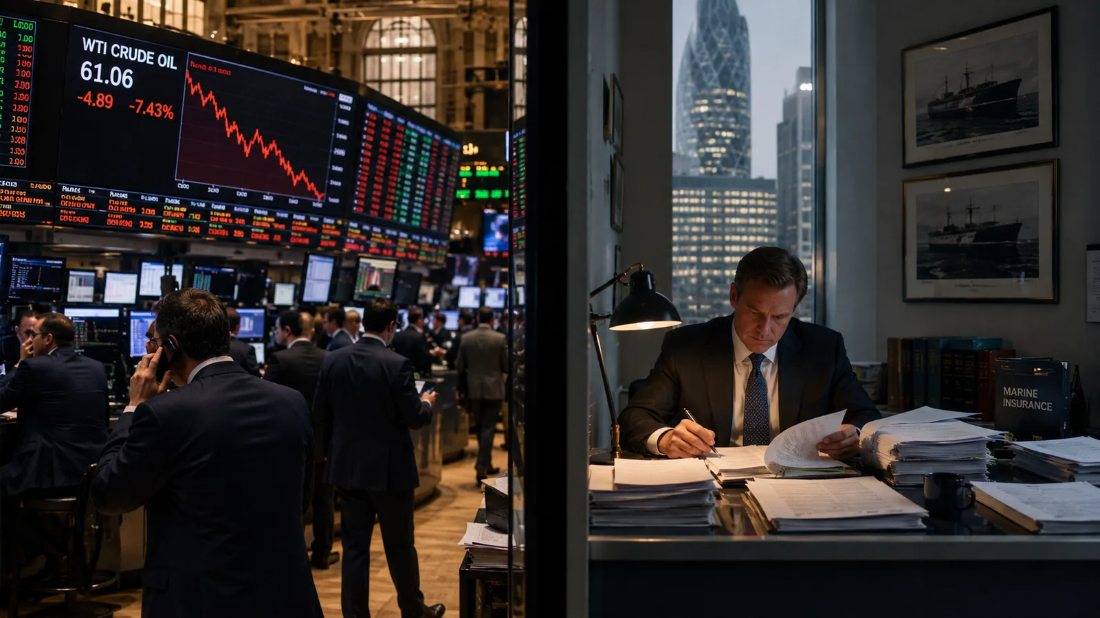 A split scene showing a busy oil trading floor with WTI crashing 7.43% on the left, and a quiet marine insurance underwriter studying contracts on the right