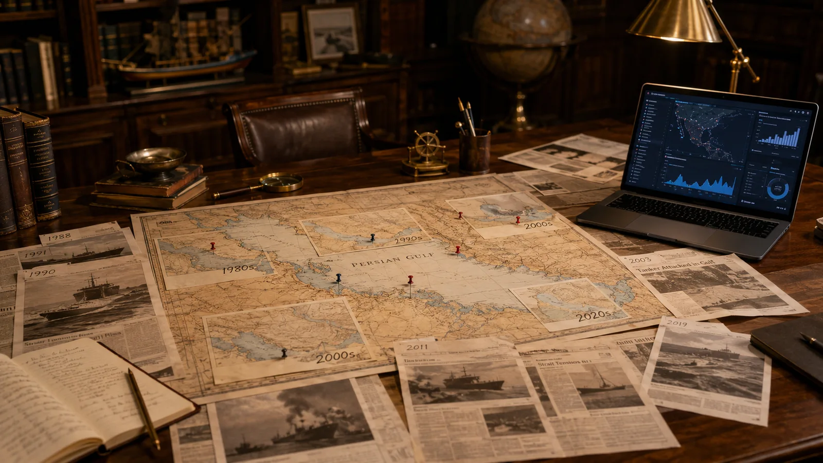 A research desk with historical maritime charts and contemporary data dashboards - comparing the present to historical patterns