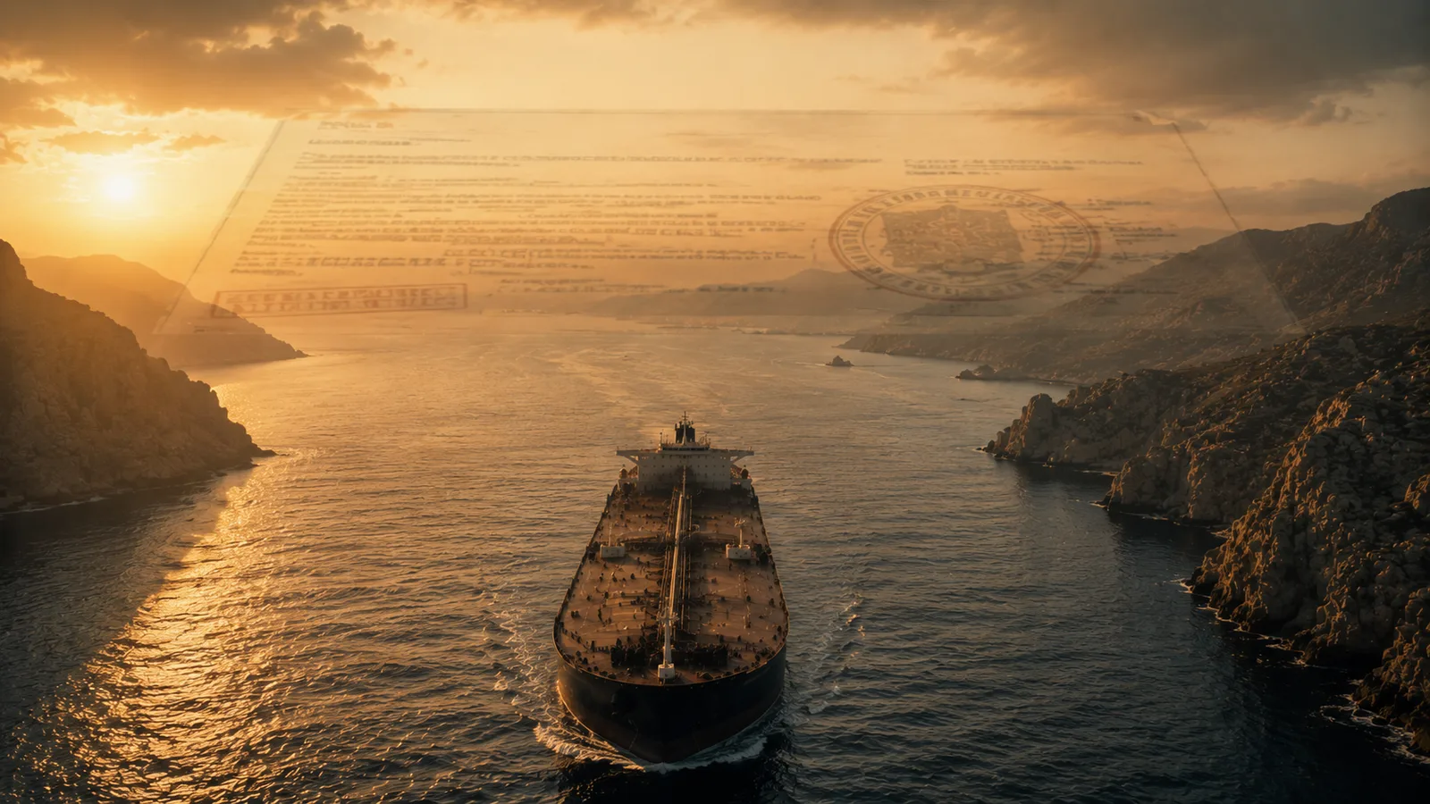 A commercial tanker transiting the Strait of Hormuz at golden hour, with a translucent stamped document hovering above the water — visualizing the PGSA permit system