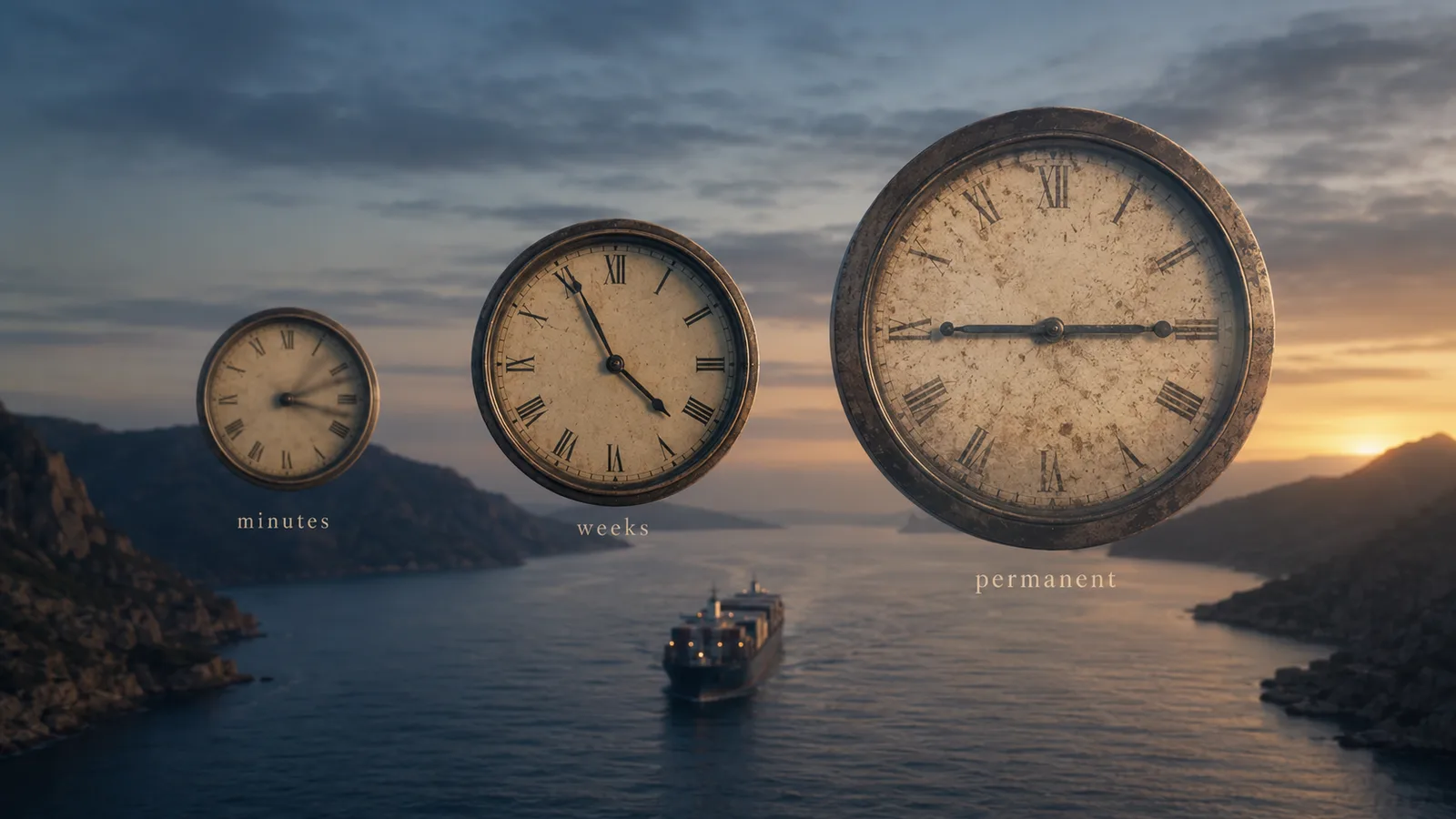 Three analog clocks of different sizes hovering above a calm sea at twilight, representing oil market hours, war risk weeks, and institutional years