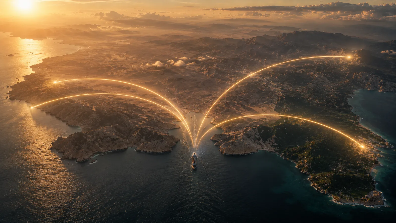 Aerial cinematic view of a constrained strait with luminous arcs of light flowing outward to multiple regions, visualizing the redistribution of trade friction into alternative corridors