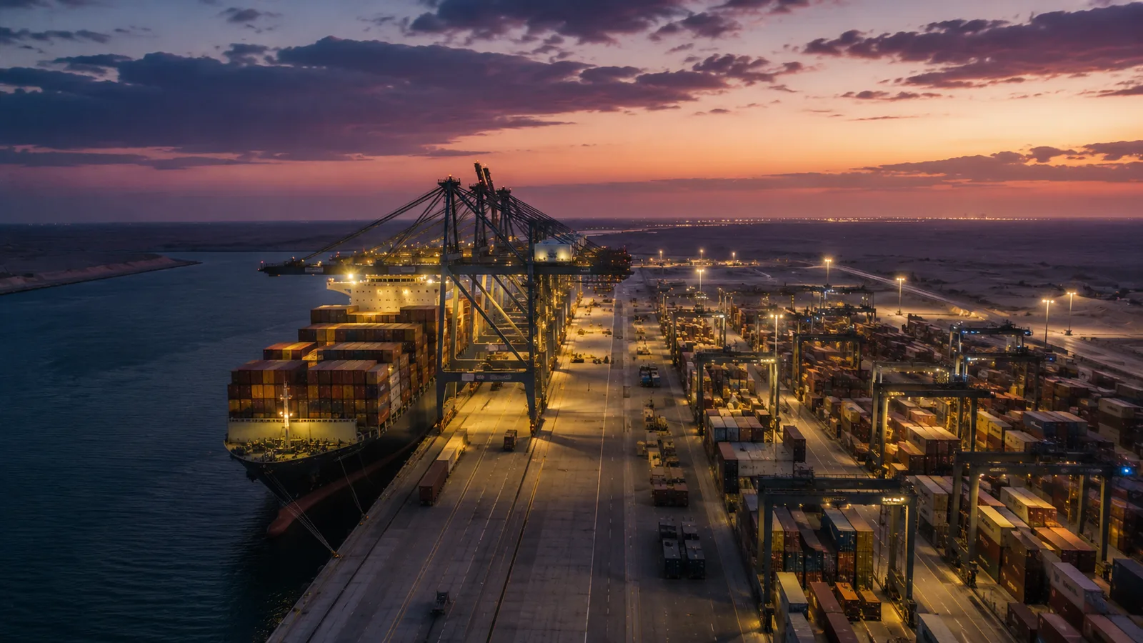 A massive newly-built deepwater container port at twilight, with new gantry cranes and a single ultra-large container vessel being loaded — visualizing infrastructure that will outlast the crisis