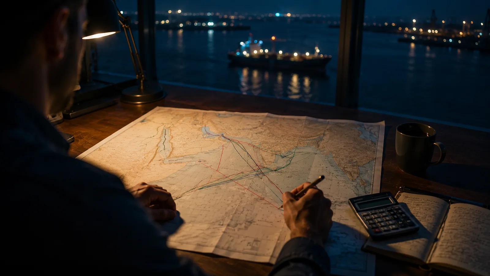 Over-the-shoulder view of an operator at a wooden desk at night, weighing routing options on a paper map with multiple colored lines, a calculator, and notebook — visualizing the late-hours analytical decision behind voyage routing