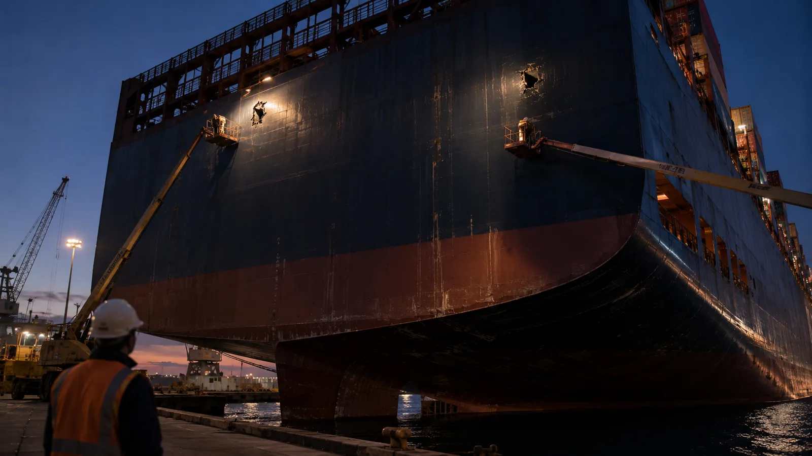 A container vessel docked at a Middle Eastern shipyard at twilight, showing two clean precision impact marks on the upper hull above the waterline — visualizing top-down aerial impact rather than internal fire damage