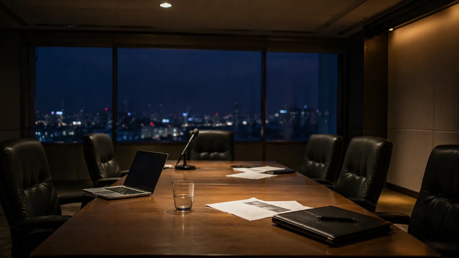 An empty conference room or briefing room at late evening, with chairs slightly pushed back, an open laptop, scattered papers, and a microphone stand pointing at an empty seat — visualizing decisions deferred during the six-day gap between the incident and the announcement