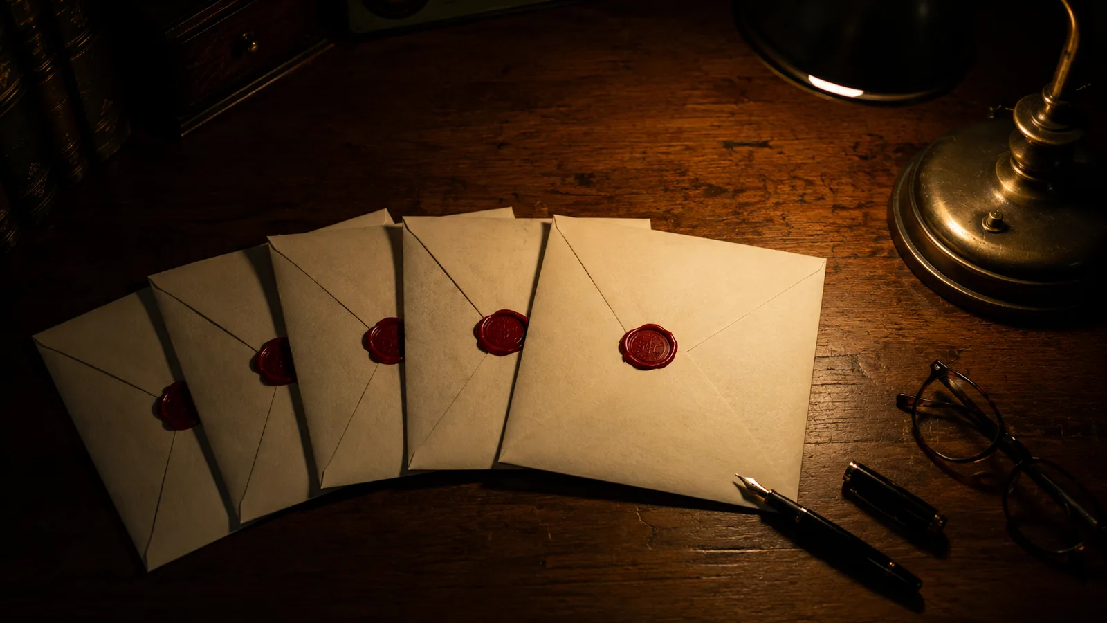 Five sealed envelopes laid out on a wooden desk in dim warm lighting, with red wax seals — visualizing diplomatic options held in reserve, none yet played