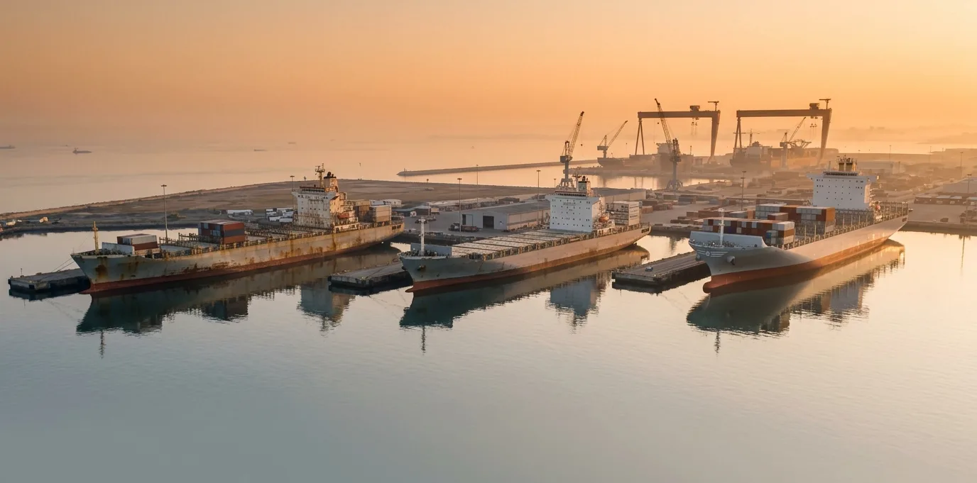 Three generations of container ships at adjacent berths during golden hour — an aged vessel, a mid-life vessel, and a newbuild — visualizing a market where old ships refuse to retire and new ones still arrive
