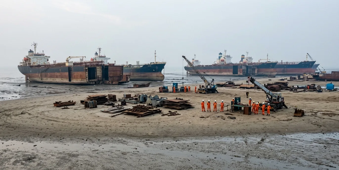 A vast ship-breaking beach at low tide, mostly empty, with only one or two partially dismantled vessels visible at the far edge and a few workers waiting near unused equipment — visualizing the collapsed recycling market in 2026