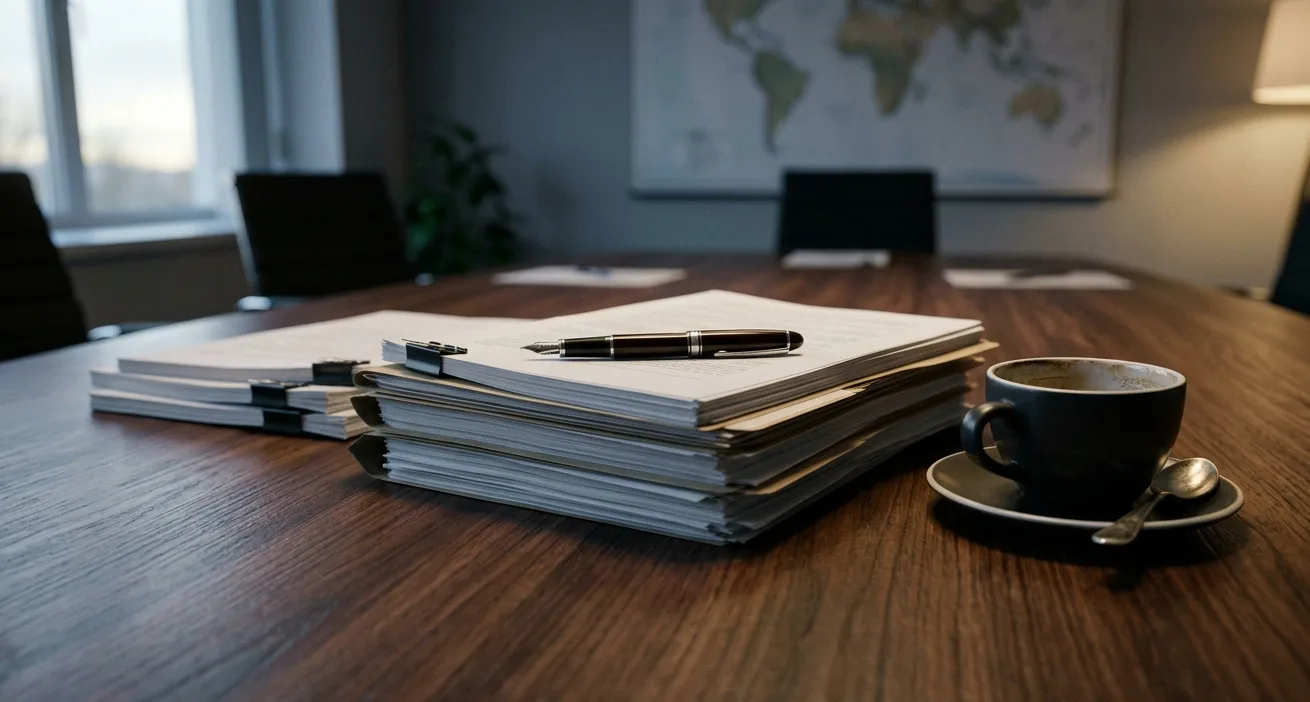 A wooden conference table with stacks of unsigned commercial documents, a fountain pen resting unused across one stack, and a half-finished cup of cold coffee — visualizing decisions deferred in the shipping order book