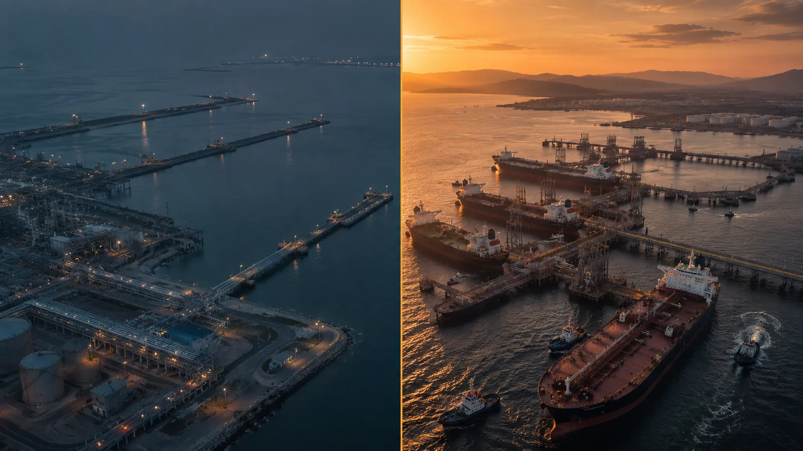 Split aerial composition: Ras Tanura port empty and washed in cold blue light on the left, Yanbu port alive with VLCC loading at golden hour on the right — the visual contrast of phantom origin versus real cargo