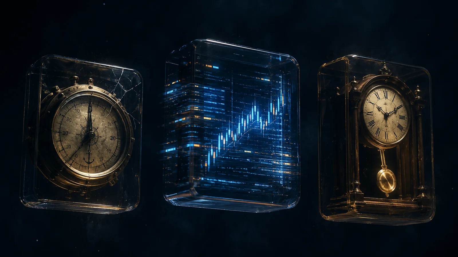 Three transparent glass instruments floating in dark space: a brass ship navigation gauge with steady needle, a glowing electric blue digital exchange display in motion blur, and an antique pendulum clock — each running at its own tempo, none connected
