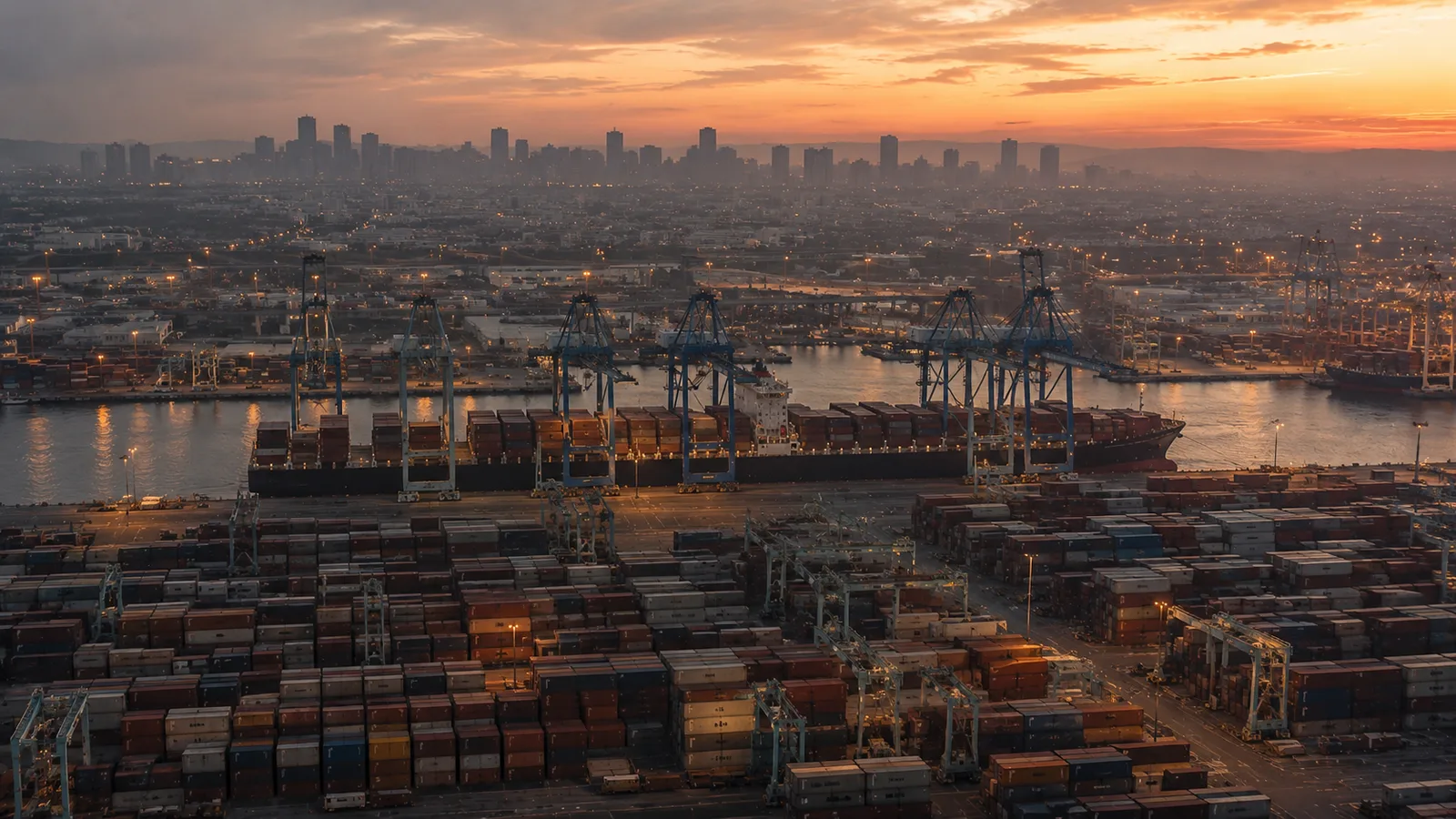Aerial editorial photograph of a large container terminal at dusk, with stacks of multicolored shipping containers in the foreground and a container ship at the dock, suggesting global trade in motion