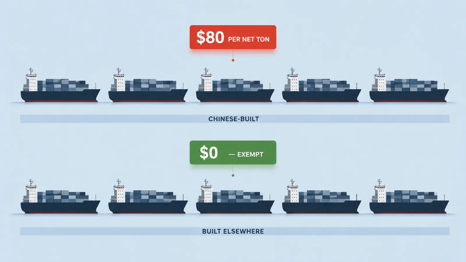 Editorial illustration comparing two rows of identical container ships — one labeled Chinese-built with an $80 per net ton price tag, the other labeled Built Elsewhere with a zero-fee exemption tag