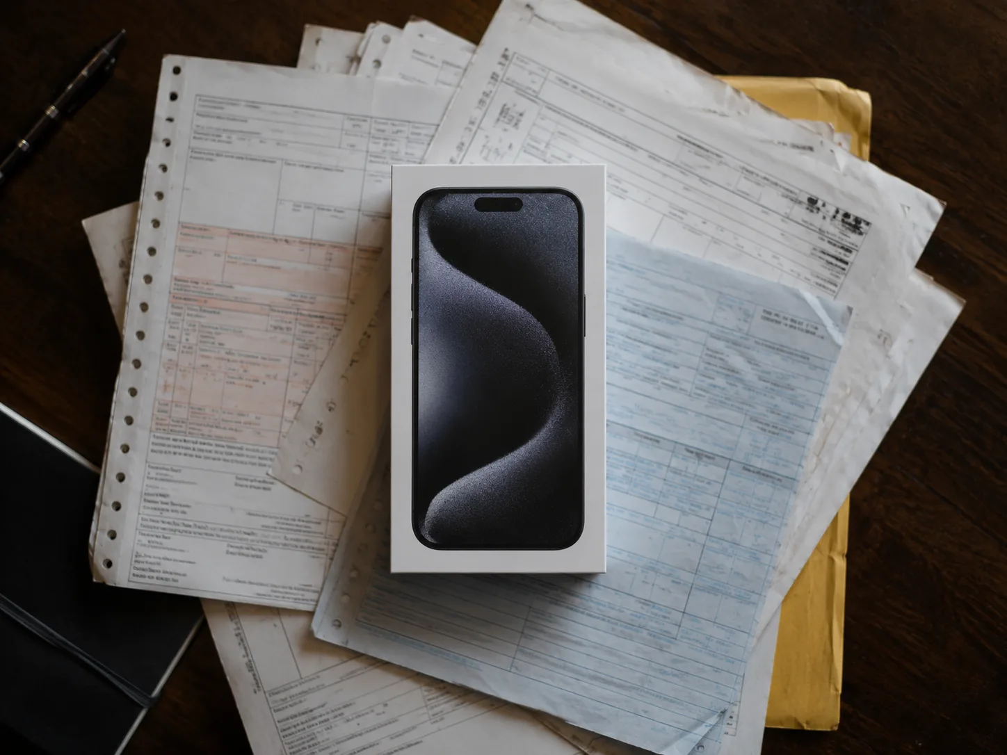 Overhead editorial still life showing a generic unbranded smartphone box resting on a stack of shipping container cargo manifests and customs paperwork, emphasizing the contrast between consumer product and administrative reality