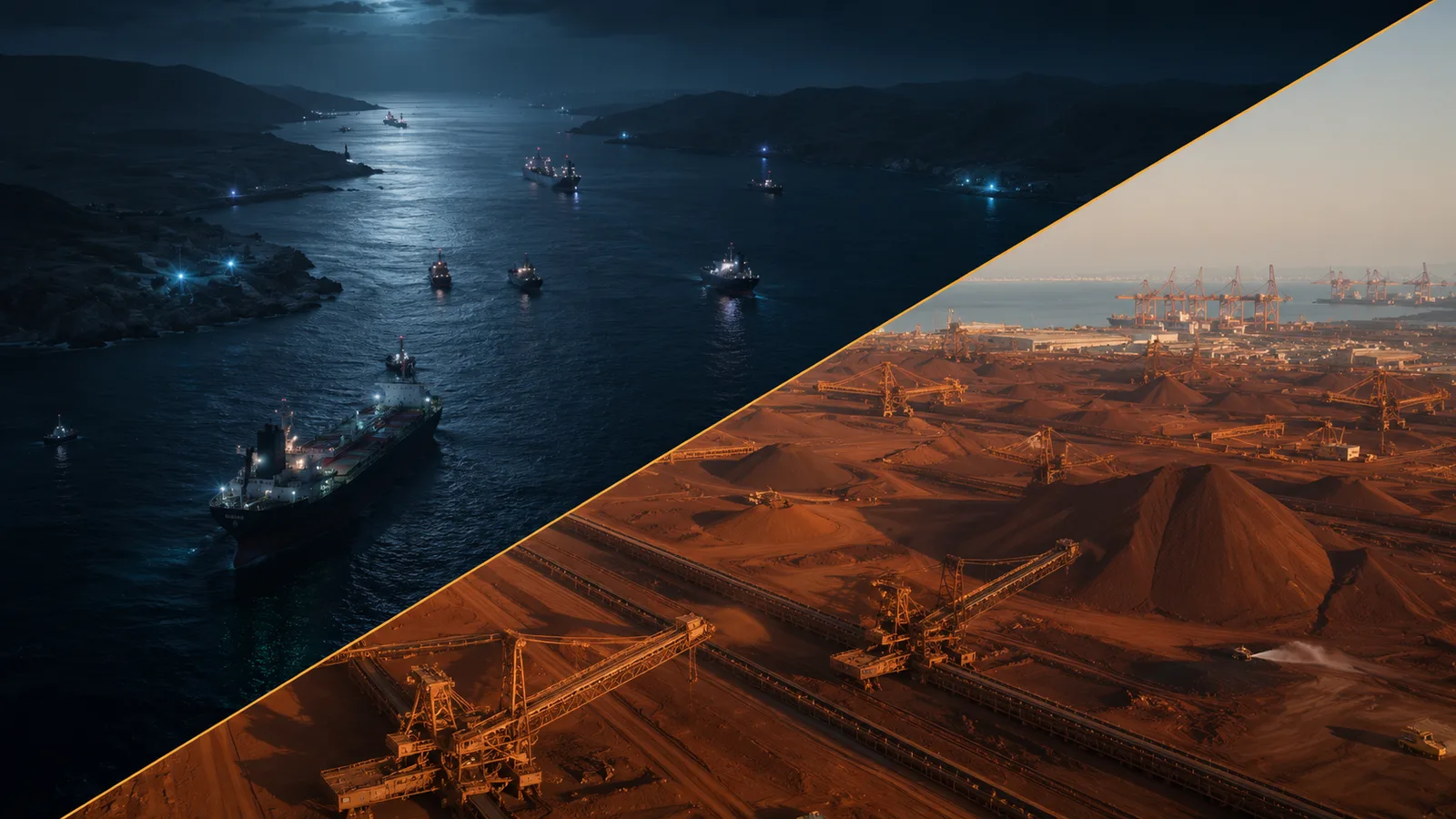 Split composition showing the Strait of Hormuz at night with tanker silhouettes on one side, and a vast iron ore stockyard at a Chinese port in daylight on the other — contrasting the loud story with the quiet one