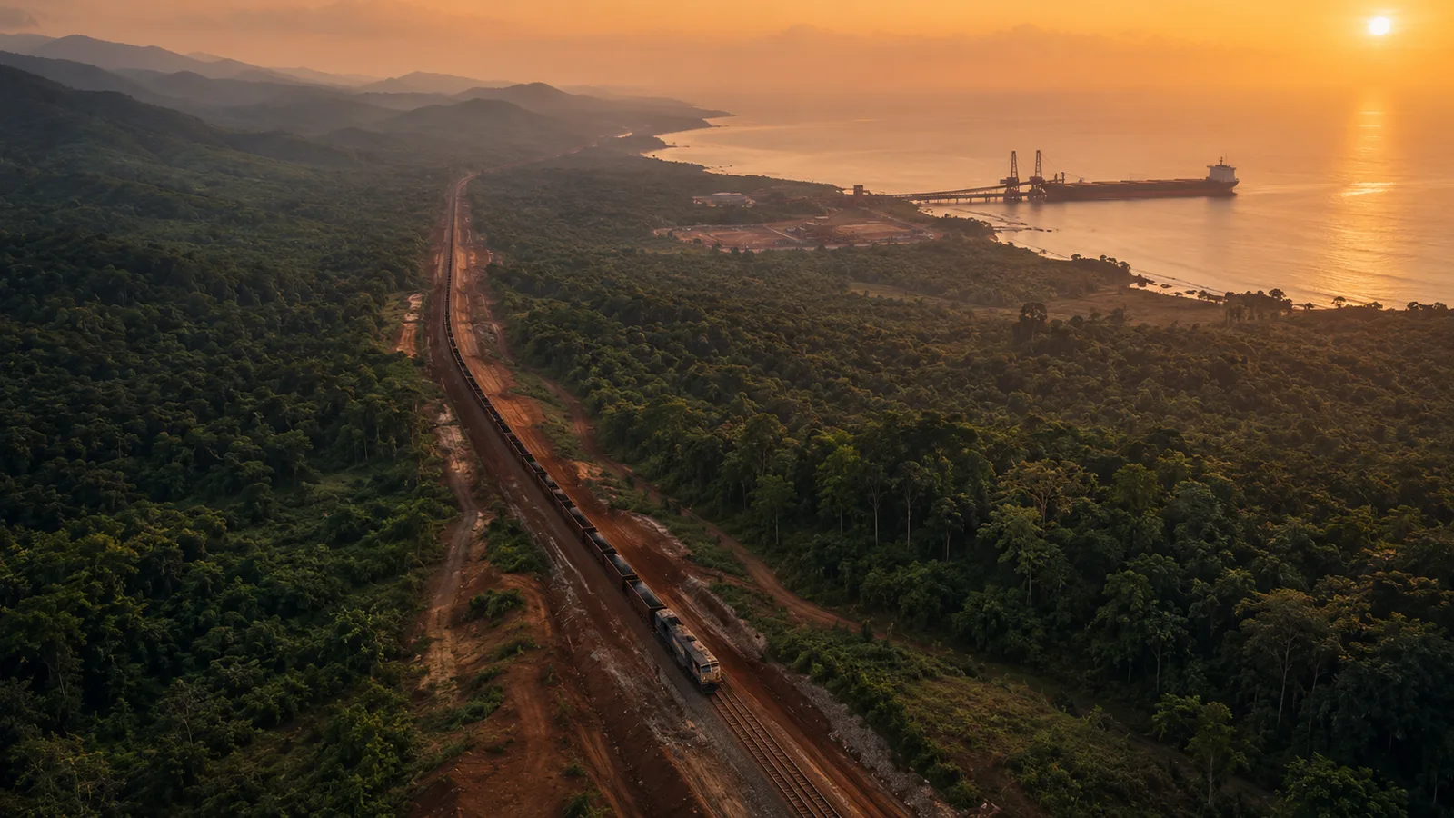 Aerial view of a new railway cutting through Guinea's tropical forest toward a deep-water port at golden hour, with a single Capesize bulker loading at the dock in the distance — the start of the Simandou cargoes