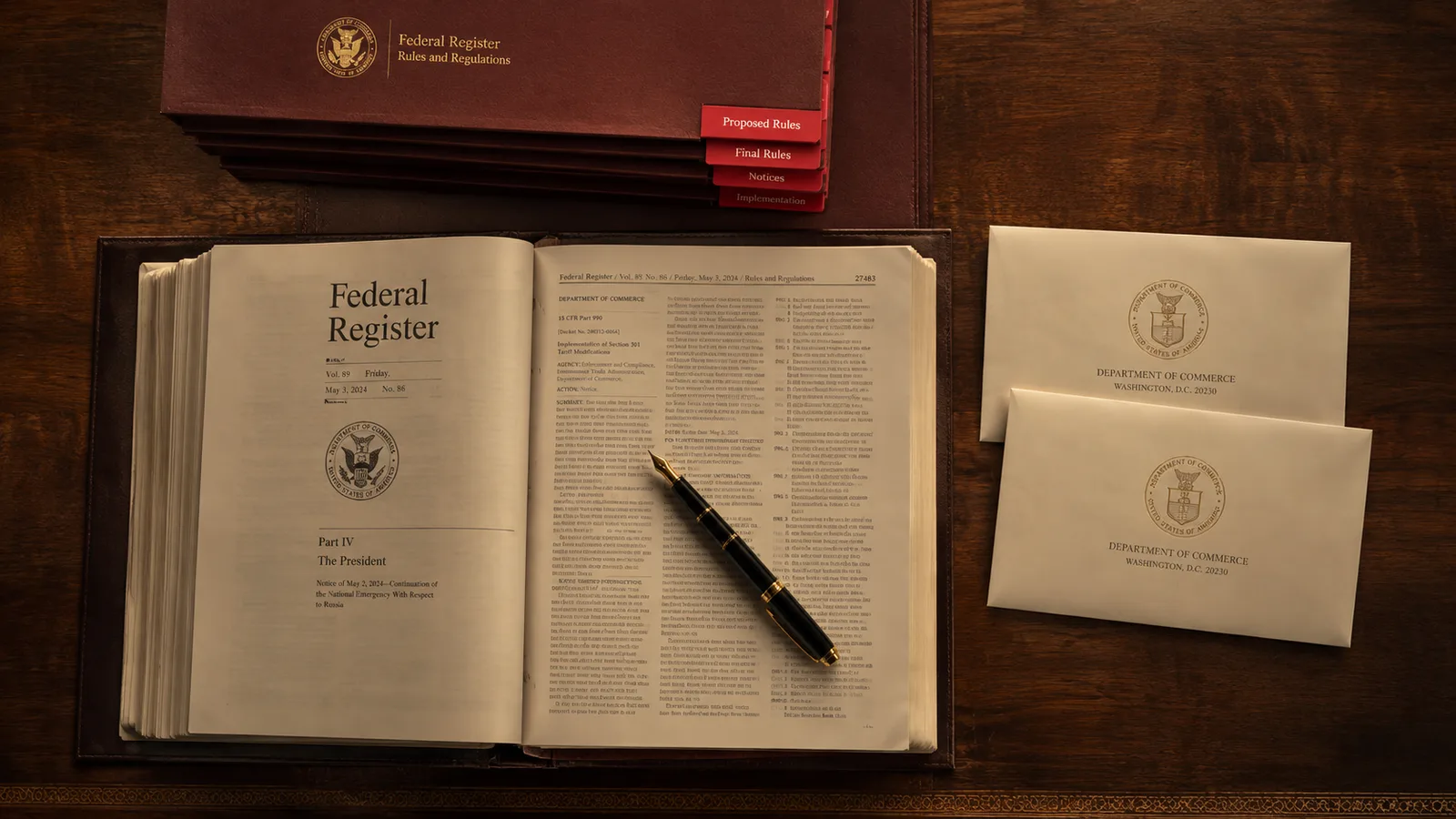 An overhead view of an oak government table with an open Federal Register dossier, red-tabbed binders, embossed Department of Commerce envelopes, and a fountain pen — visualizing the regulatory architecture underneath the suspended Section 301 fees