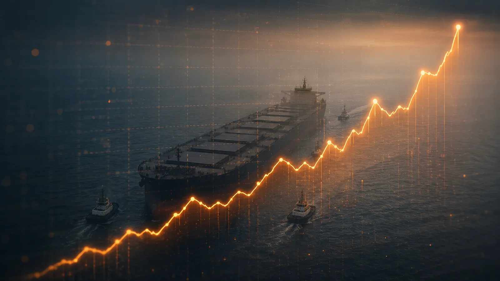 A glowing line chart visualization of the Baltic Dry Index rising sharply, overlaid on a faintly visible silhouette of a Capesize bulker at sea — visualizing the relationship between freight prices and the physical fleet they measure