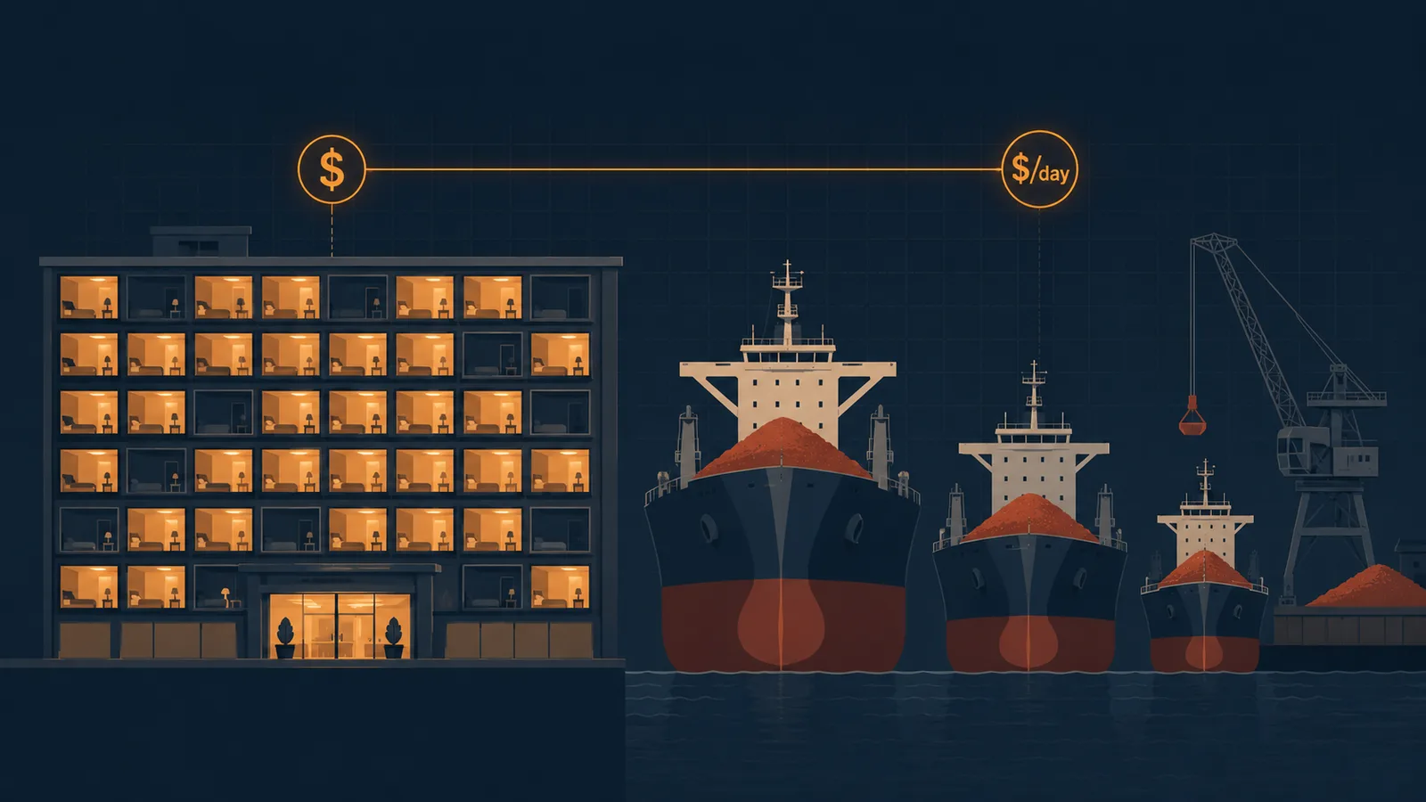 Editorial illustration comparing a hotel building (with lit and unlit windows, a dollar-per-night tag overhead) to a row of three bulk carriers at a port (Capesize, Panamax, Supramax — each half-loaded with iron ore, a dollar-per-day tag overhead). A thin amber line connects the two, visually equating room rate with charter rate.