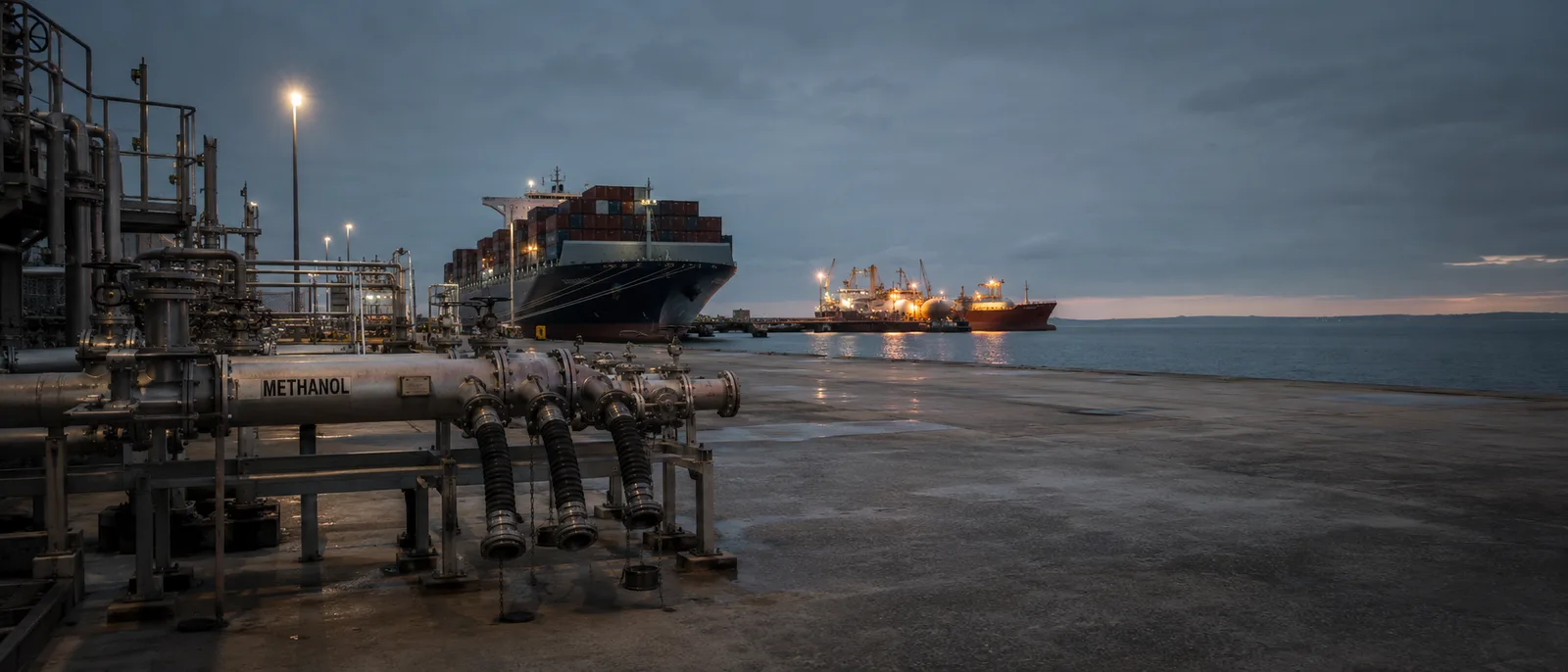 Industrial photograph at dusk of a methanol bunkering pier with idle disconnected hoses in the foreground, while an LNG bunkering operation continues actively in the background, illustrating the gap between alternative fuel narrative and operational reality