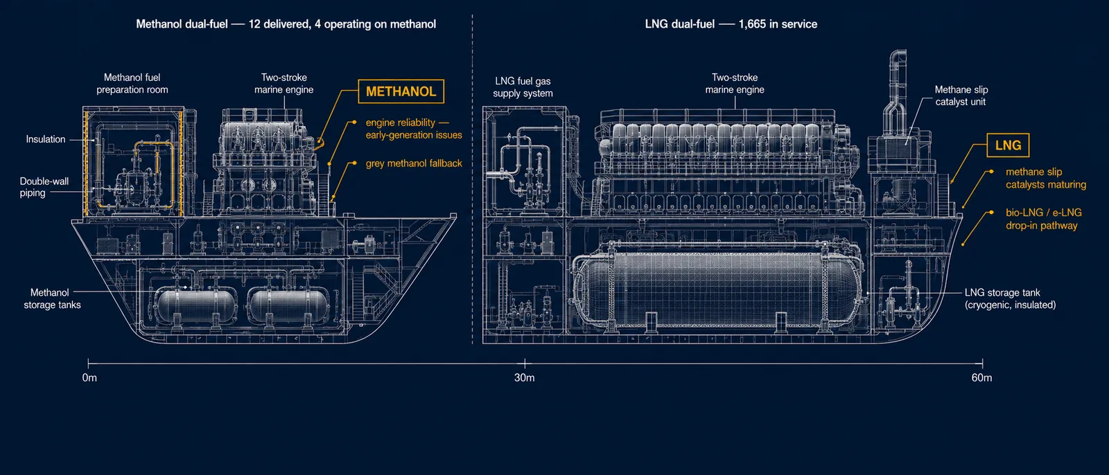 Technical blueprint cross-section comparing a methanol dual-fuel engine room (left, with 12 delivered vessels and 4 operating on methanol) against an LNG dual-fuel engine room (right, with 1,665 vessels in service), showing the relative scale of fuel preparation rooms, storage tanks, and supporting systems
