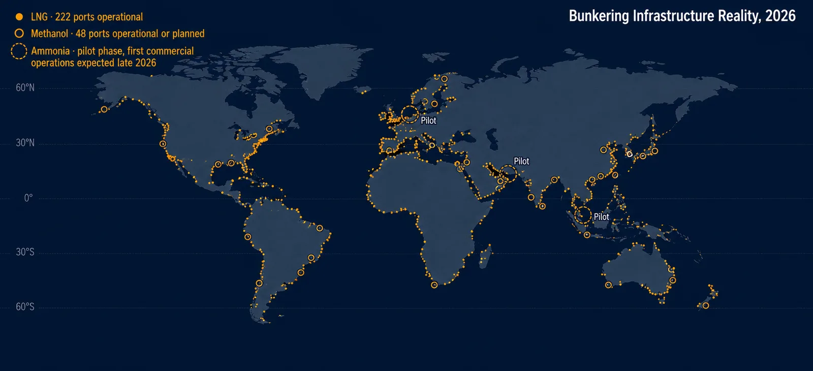 World map showing global bunkering infrastructure for alternative marine fuels in 2026 — LNG with 222 ports operational shown as dense amber dots covering global shipping routes, methanol with 48 ports operational or planned shown as hollow amber rings at select hubs, and ammonia in pilot phase only at three locations (Singapore, Rotterdam, Fujairah) shown as dashed circles