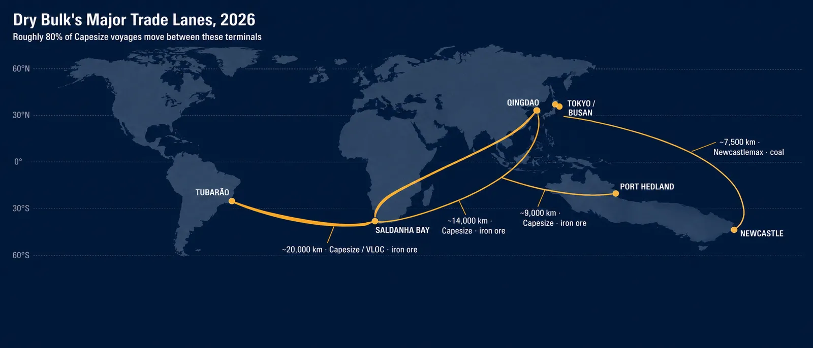 World map showing dry bulk shipping's major trade lanes in 2026 — Tubarão (Brazil) to Qingdao (China) iron ore route at 20,000km on Capesize and VLOC vessels, Port Hedland (Australia) to Qingdao at 9,000km Capesize iron ore, Saldanha Bay (South Africa) to Qingdao at 14,000km Capesize iron ore, and Newcastle (Australia) to Tokyo/Busan at 7,500km Newcastlemax coal
