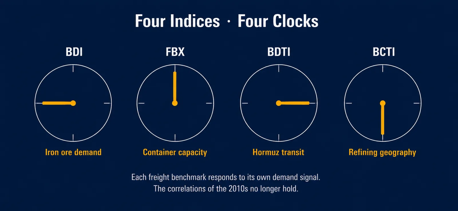 Four stylized clock faces labeled BDI, FBX, BDTI, and BCTI, each pointing in a different direction, representing the four major shipping freight indices responding to different demand drivers — iron ore demand, container capacity, Hormuz transit, and refining geography
