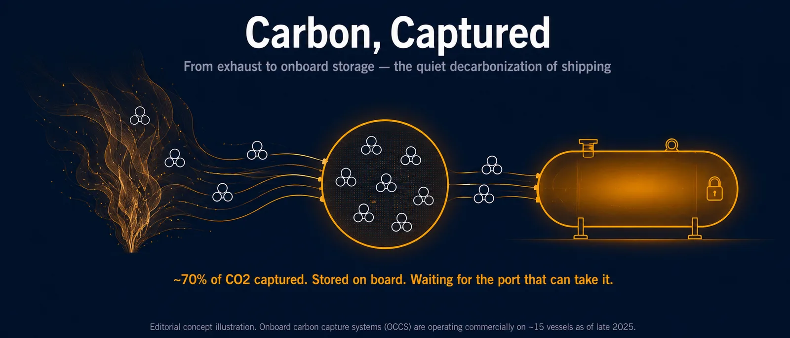 Abstract visual representing carbon capture — exhaust gas being drawn through an industrial absorption system into a pressurised liquid storage tank, illustrating the OCCS concept from exhaust to onboard storage
