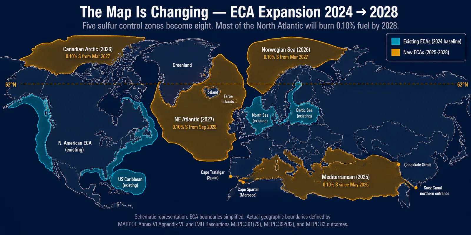World map showing emission control areas (ECAs) under MARPOL Annex VI expanding from five in 2024 to eight by 2028, with new zones in Mediterranean Sea, Canadian Arctic, Norwegian Sea, and North-East Atlantic Ocean