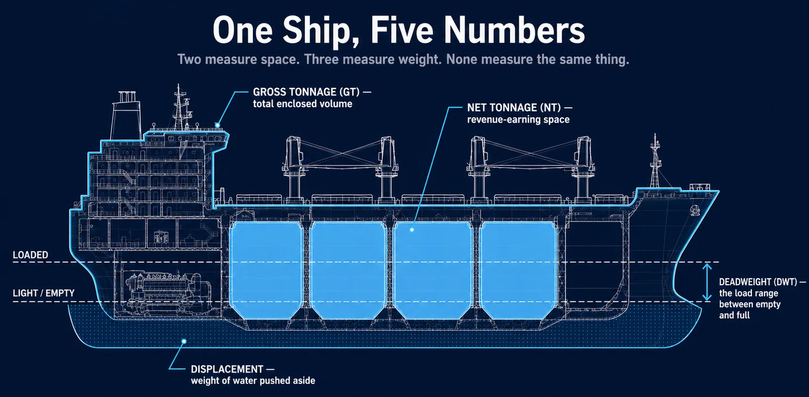 Technical cutaway diagram of a cargo ship showing the five tonnage measurements — gross tonnage, net tonnage, deadweight, and displacement — as labeled zones