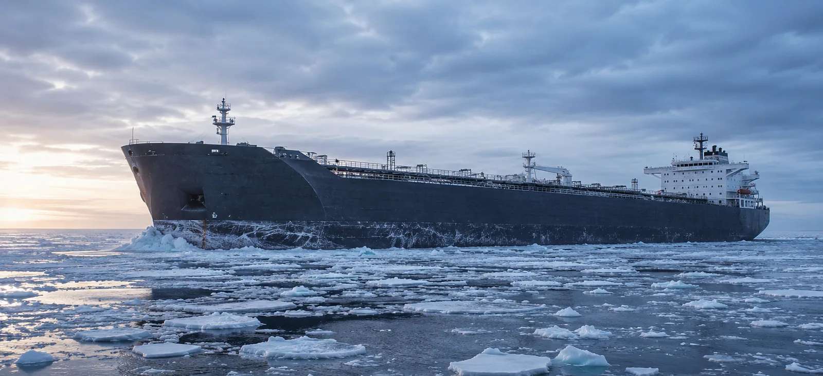Side profile of a modern ice-strengthened cargo vessel with visibly reinforced bow plating, moving through scattered broken pack ice under cold Arctic light