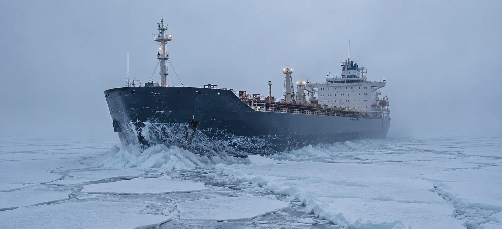 Front three-quarter view of a heavy ice-class cargo ship breaking through thicker first-year sea ice with fractured plates spreading to either side of the reinforced bow